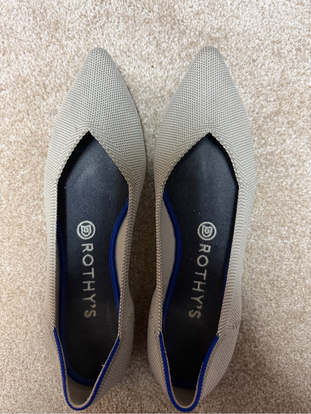 Rothy's Pointed Knit Flats in Taupe with Navy Trim